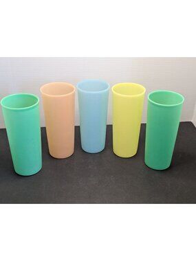 Vtg 1960s Set X5 Pastel 12oz Tupperware Tall Tumblers Plastic Cups 6.5"